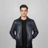 Saint Simon Blue Leather Men's Jacket With Collars