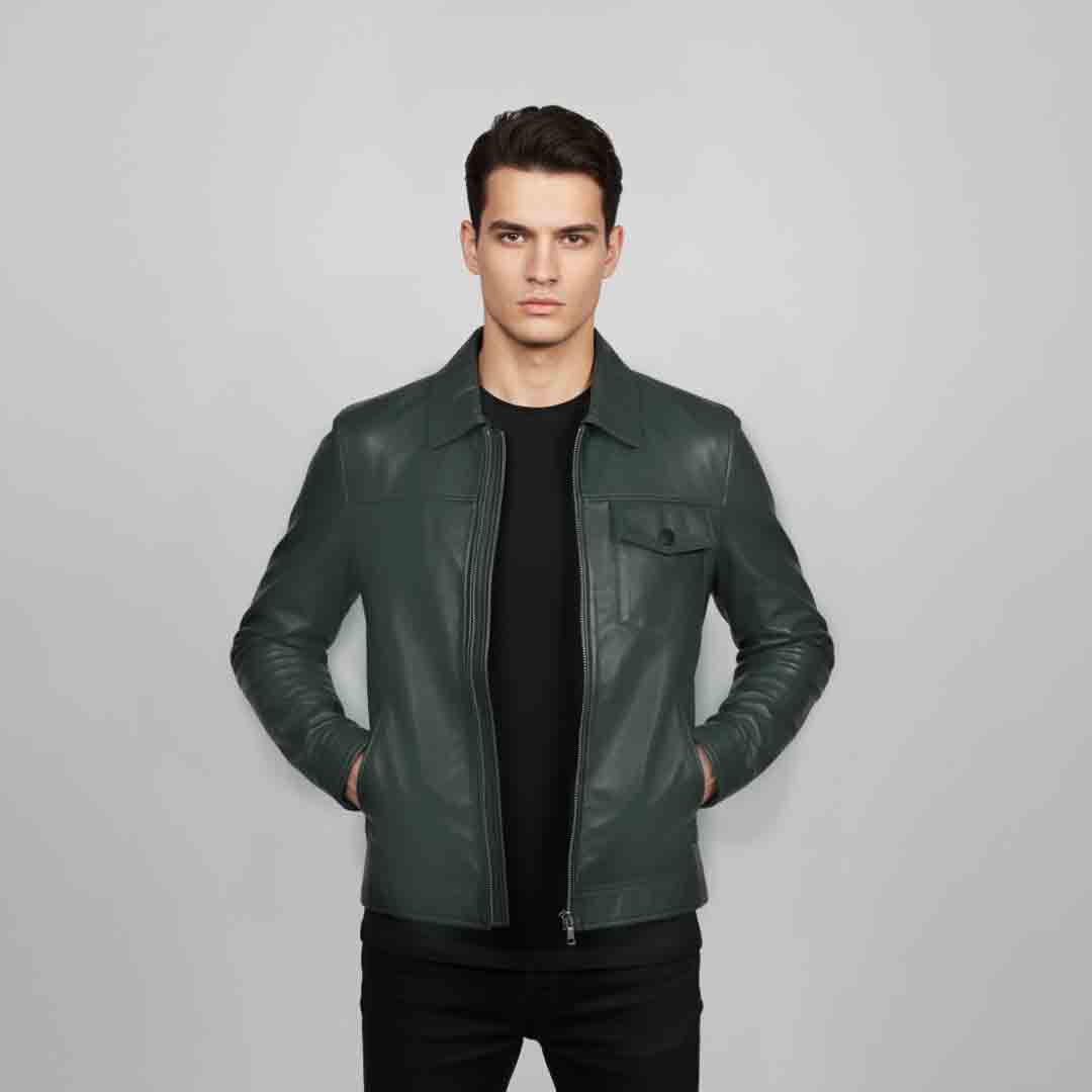 Saint Gerardo Green Leather Men's Jacket With Collars