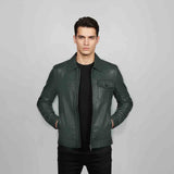 Saint Gerardo Green Leather Men's Jacket With Collars
