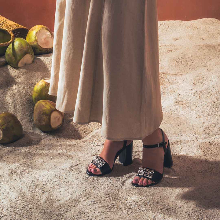 Jewel embellished black block heel sandals