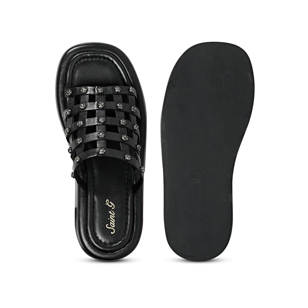 SaintG Womens Black Leather Sandals