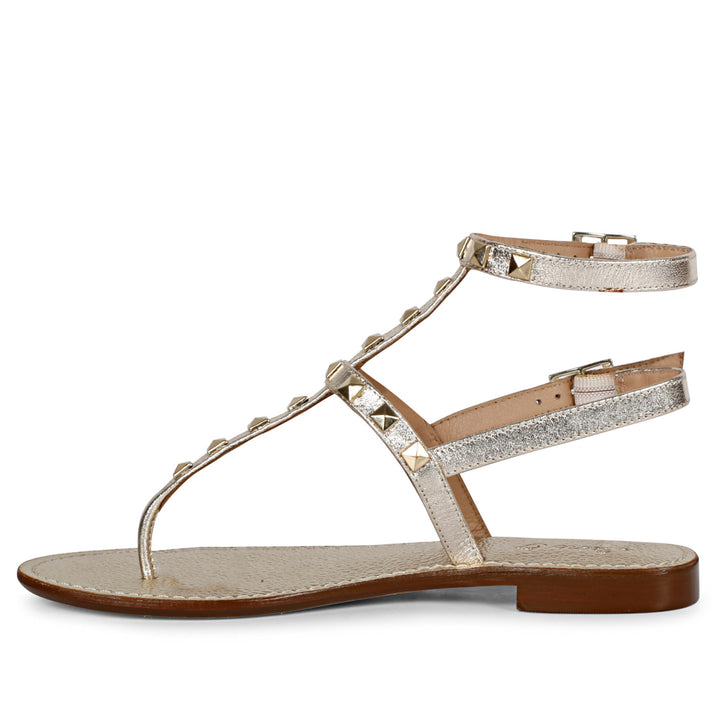 Chic Saint Irene Platin Leather Sandals with Metal Studs - Stylish and comfortable flat sandals for a fashion-forward look