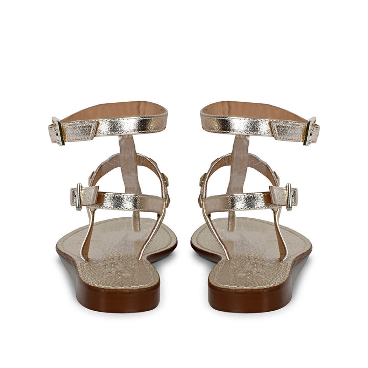 Chic Saint Irene Platin Leather Sandals with Metal Studs - Stylish and comfortable flat sandals for a fashion-forward look