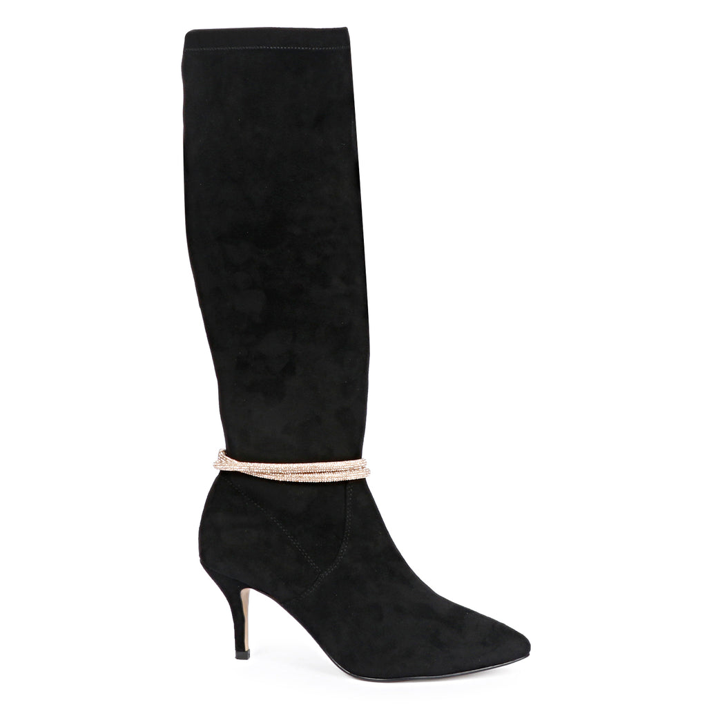 Saint Lumina Golden Cord String Black Stretch Suede Long Boots