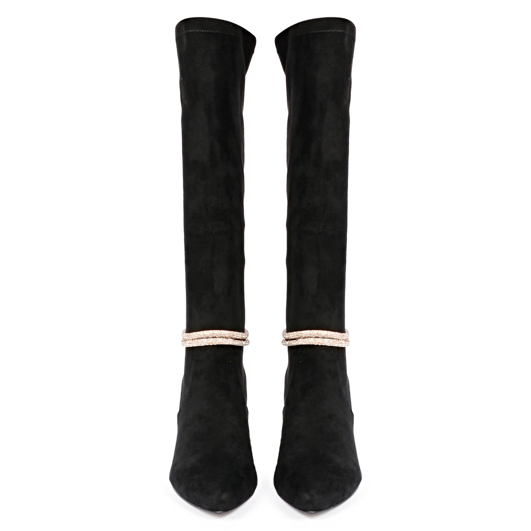 Saint Lumina Golden Cord String Black Stretch Suede Long Boots