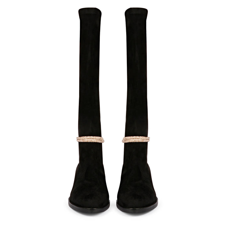 Saint Marisa Golden Cord String Black Stretch Suede Long Boots