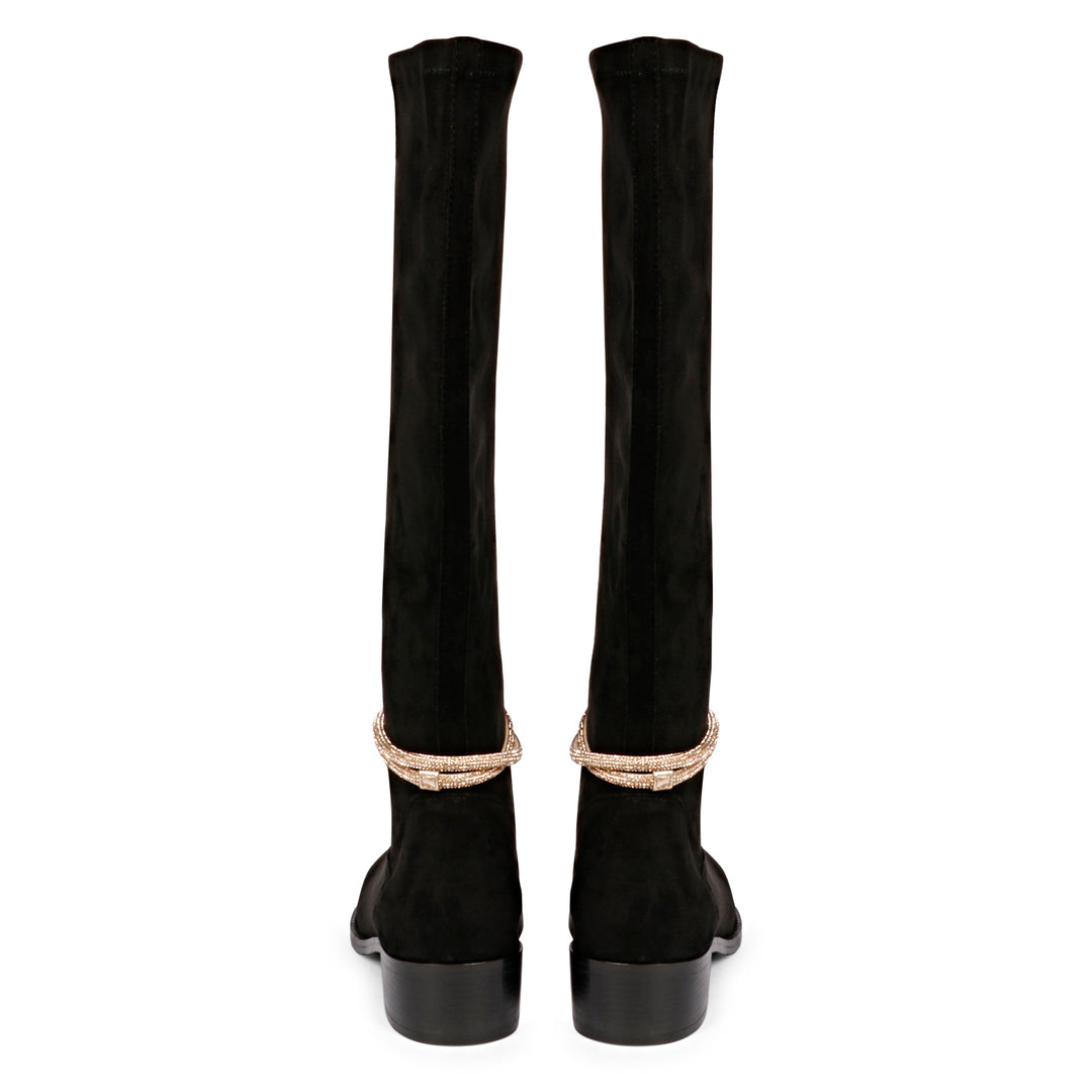 Saint Marisa Golden Cord String Black Stretch Suede Long Boots