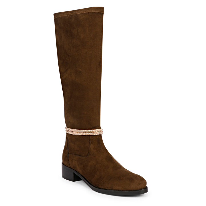Saint Marisa Golden Cord String Brown Stretch Suede Long Boots