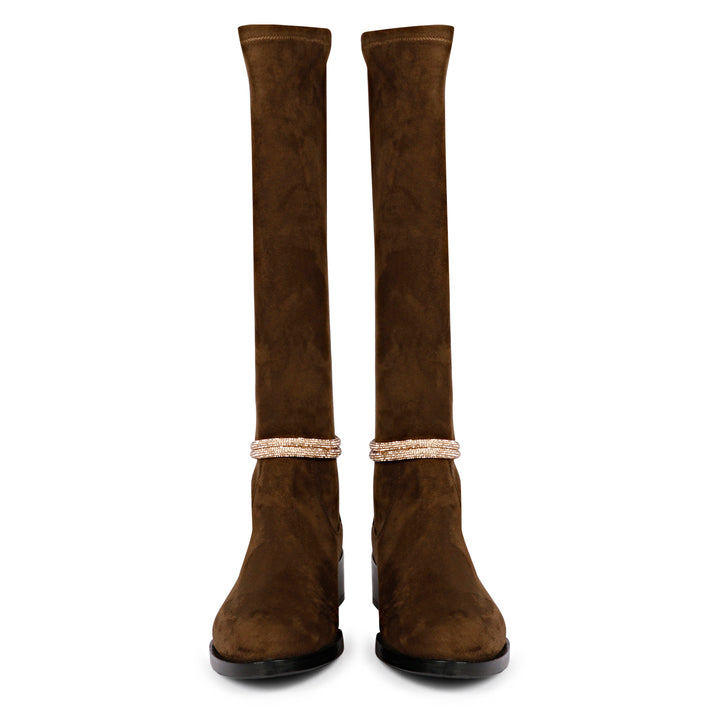 Saint Marisa Golden Cord String Brown Stretch Suede Long Boots