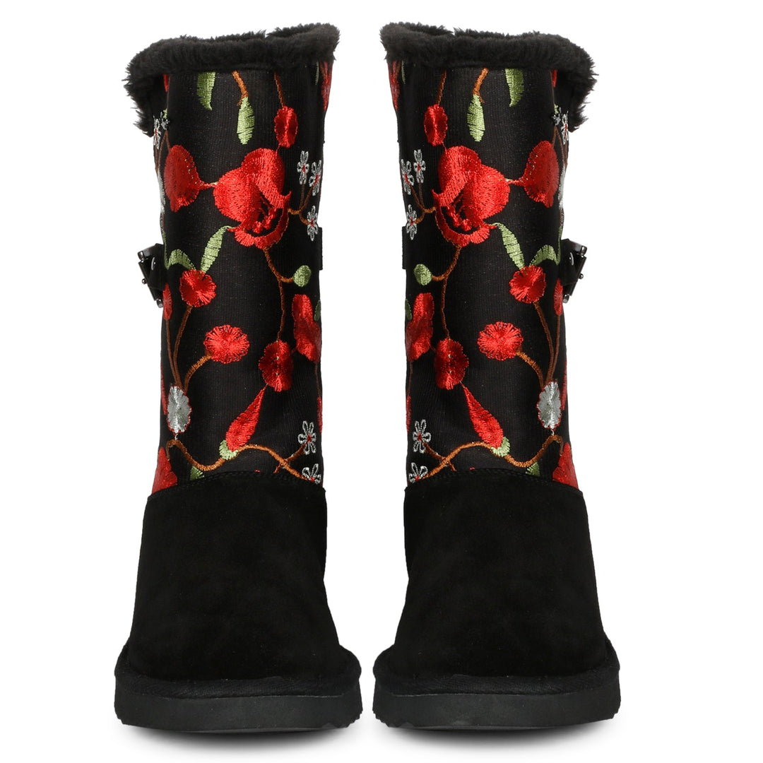 Saint Gloire Buckle Décor Boots - Floral Embroidery, Snug Fit, Fashionable Style