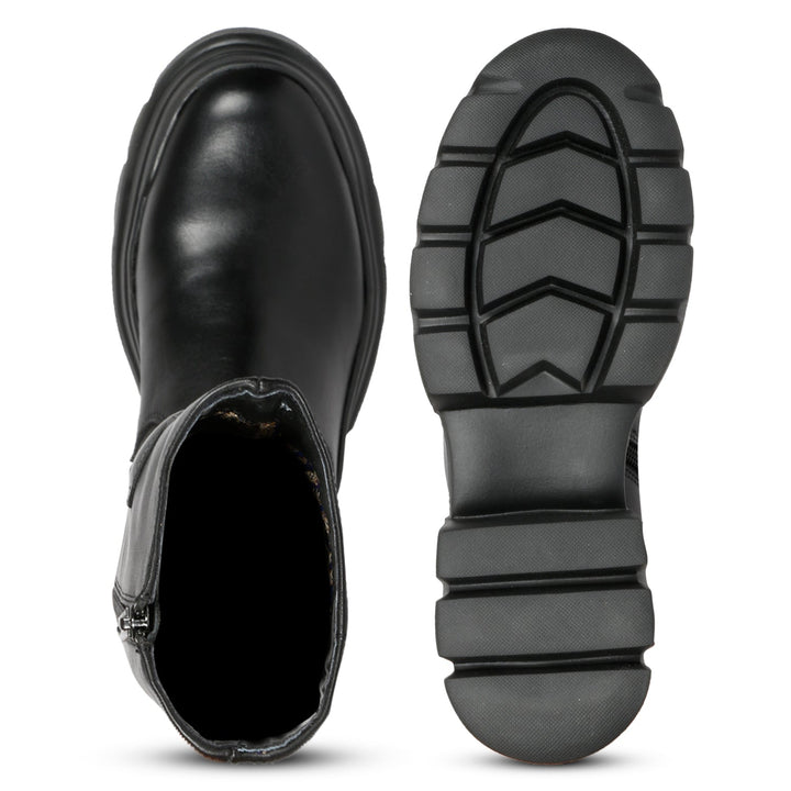 Eloïse Black Leather Lug Sole Long Boots