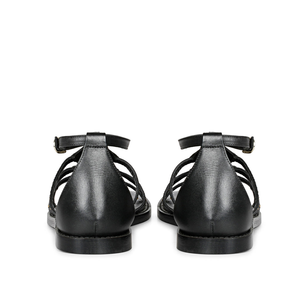 SaintG Womens Black Leather Flat Sandals