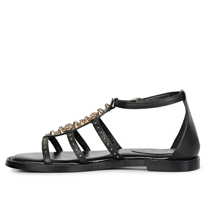 SaintG Womens Black Leather Flat Sandals