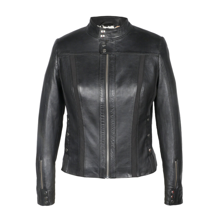 Classic Saint Amaya Black Leather Cafe Racer Jacket for women - Elevate your look with timeless elegance