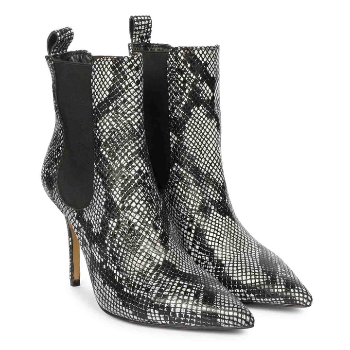 Saint Arely Grey Snake Print Leather Kitten Heel Boots