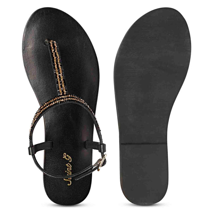 Saint Abigail Black Leather Flat Sandals