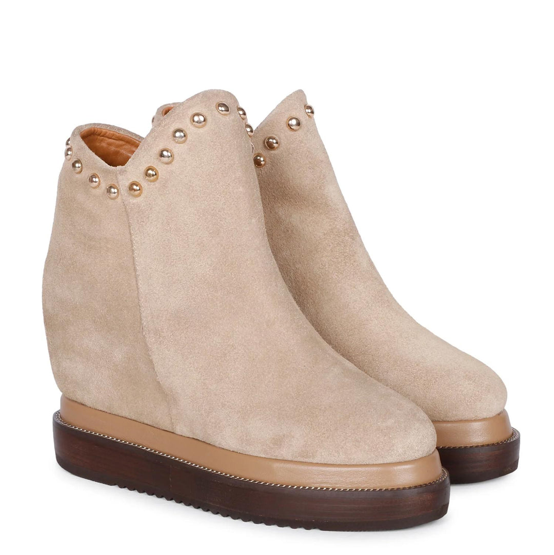 Saint Emily Beige Suede Wedge Boots - Stylish ankle boots with inner wedge heel in luxurious beige suede leather.