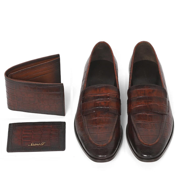 Saint Ansprand Brown Croco Embossed Leather Loafers With Set