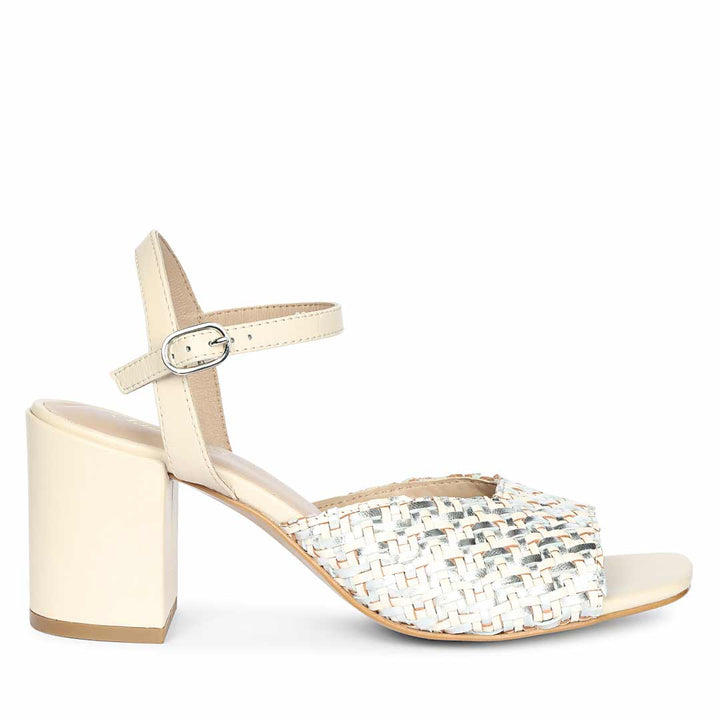 Off white silver hand woven leather heels