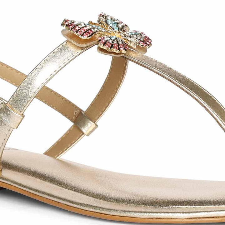 Premium Gold Leather Butterfly Jeweled Sandals