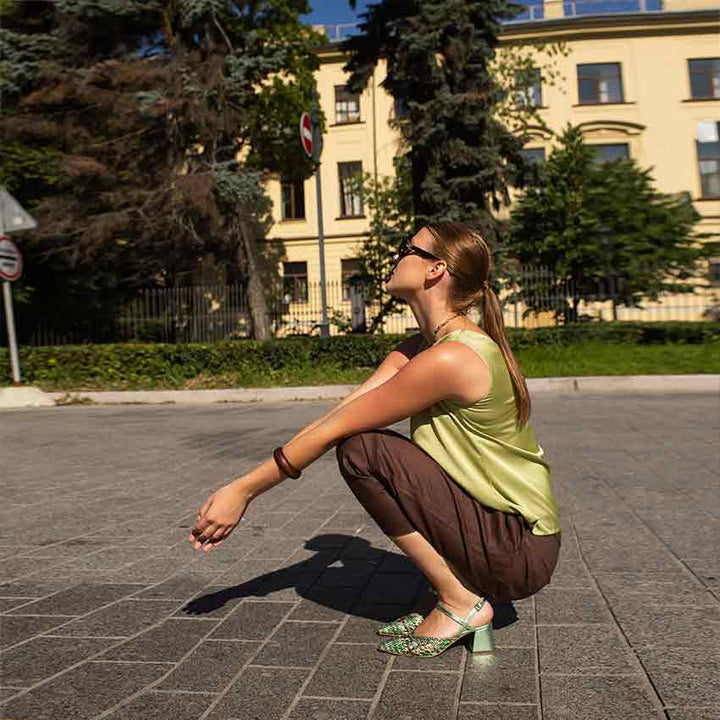 Saint Cianna Green Multi Hand-Woven Leather Block Heels