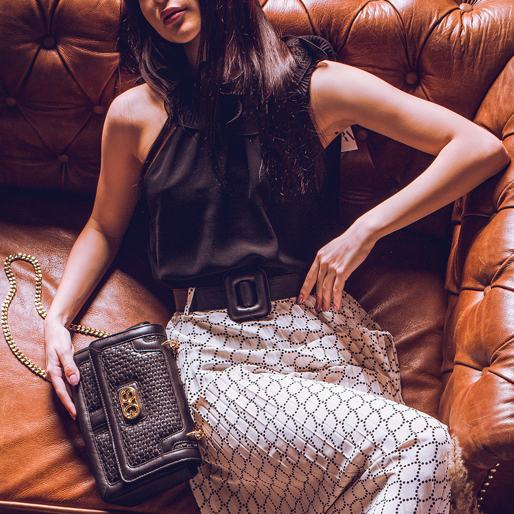 Addie Black Hand Woven Leather Sling Bags.