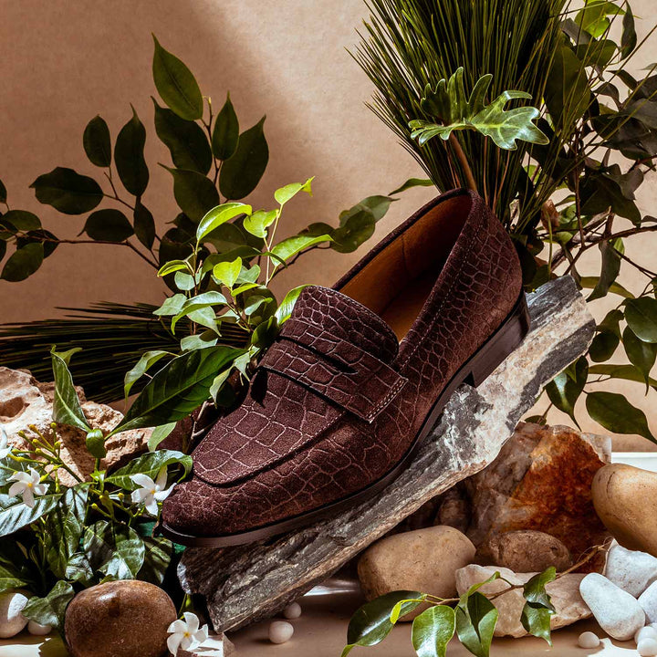 Saint Alessandro Brown Suede Croco Print Leather Loafers