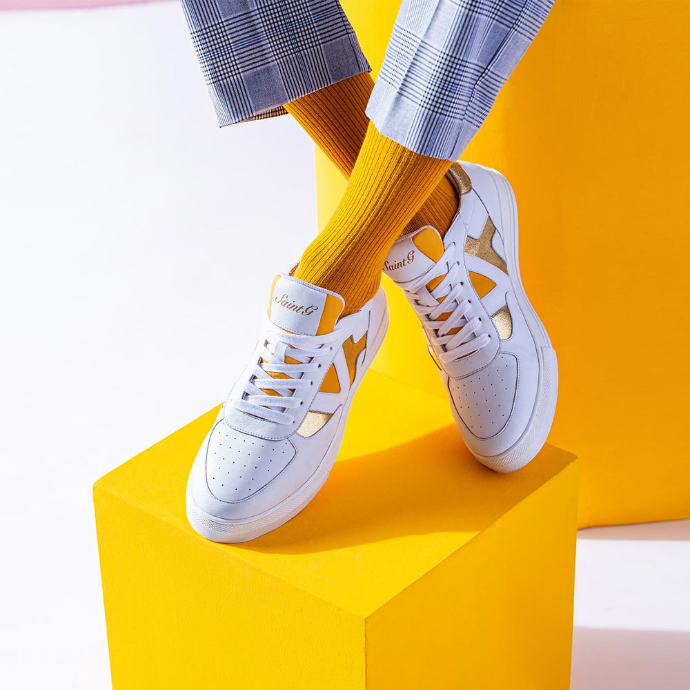 White & Yellow Leather Sneakers for mens