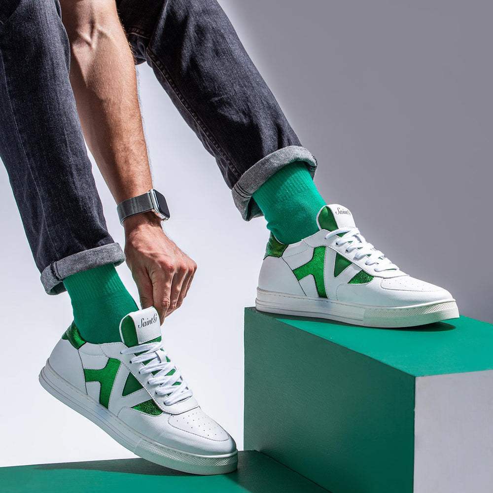 White & Green Leather Handcrafted Sneakers for mens
