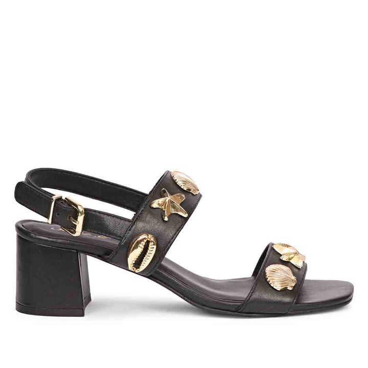 Assisi Gold Seashell & Star Studs Leather Block Heels