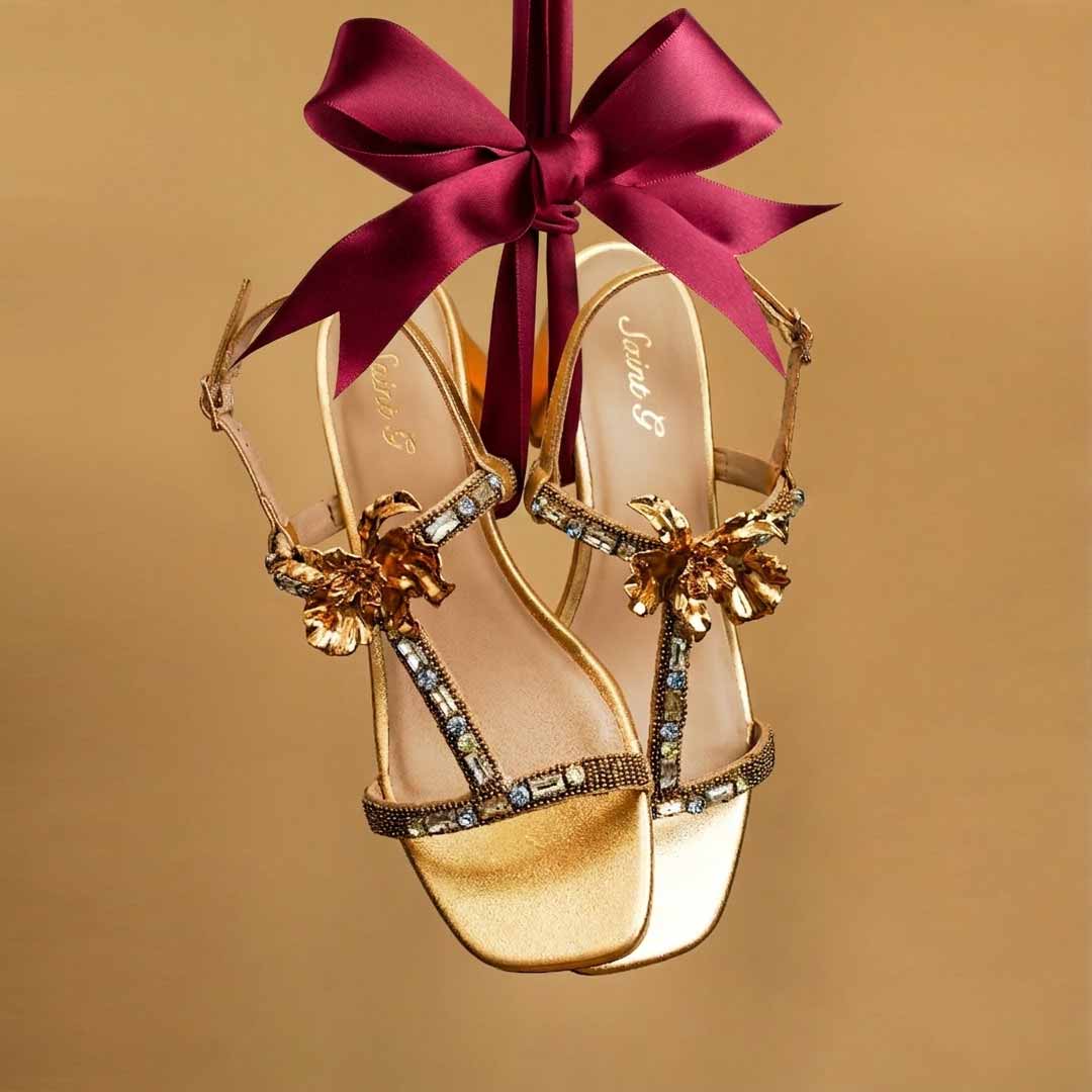 Saint Diva Embellished Metallic Gold Block Heels