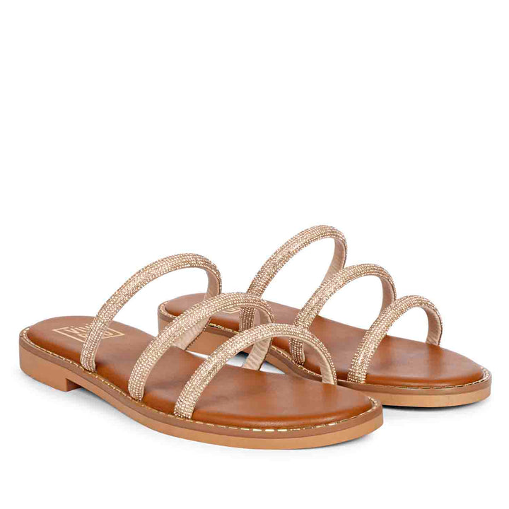 Cloe Crystal Cord Tan Flat Sandals