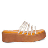 ViviBlu Musturd Leather Platform Sandals Embellished With White Straps