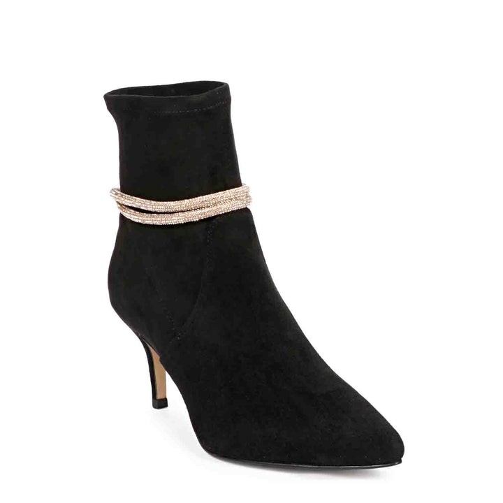 Saint Reyna Black Stretch Suede Golden Cord String Kitten Heel Boots