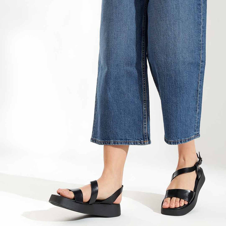 Elara Black Leather Platform Sandals