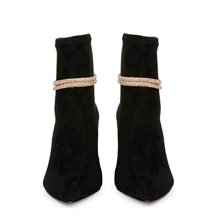 Saint Reyna Black Stretch Suede Golden Cord String Kitten Heel Boots