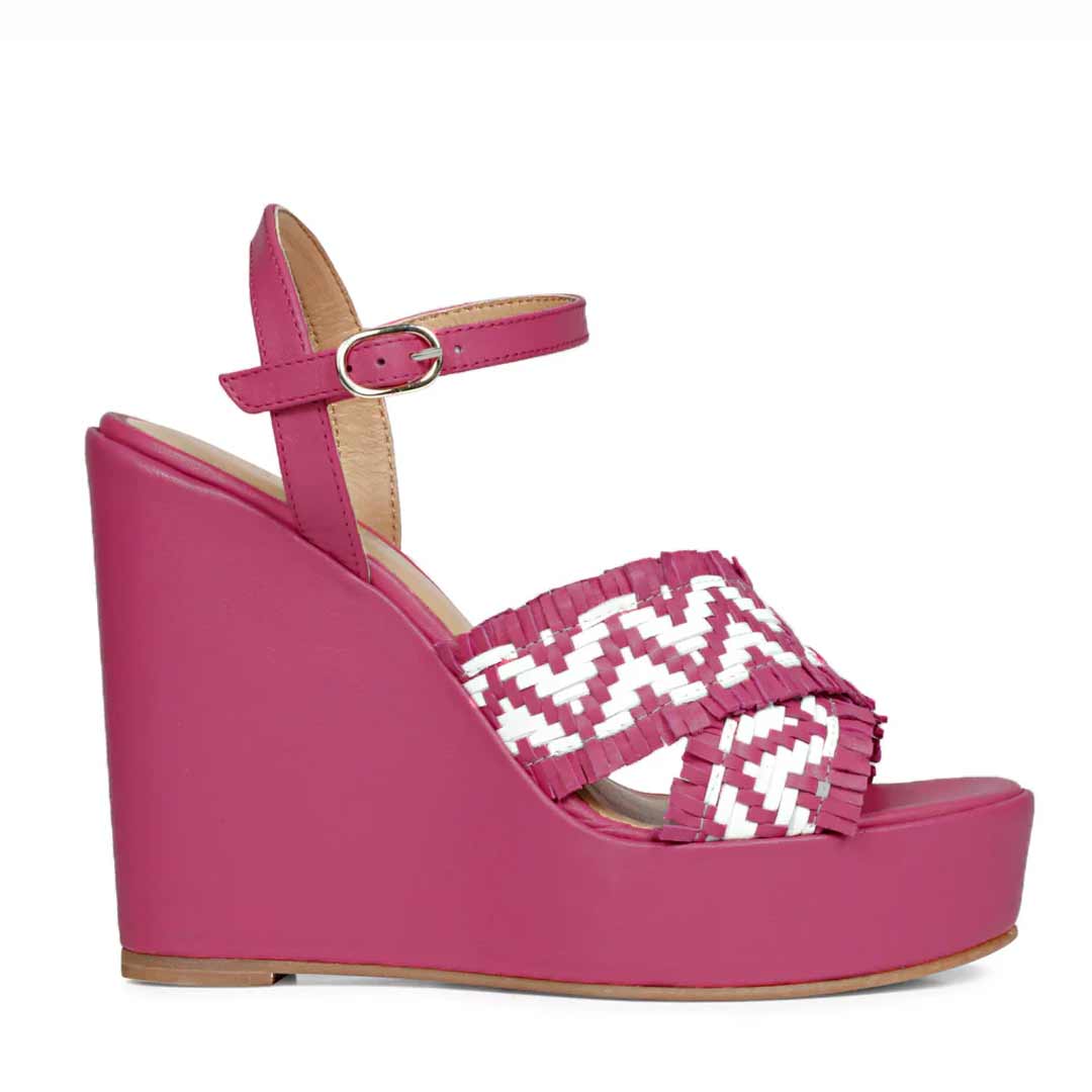 Saint Glenda Hand Woven Hot Pink Leather Wedge Heels