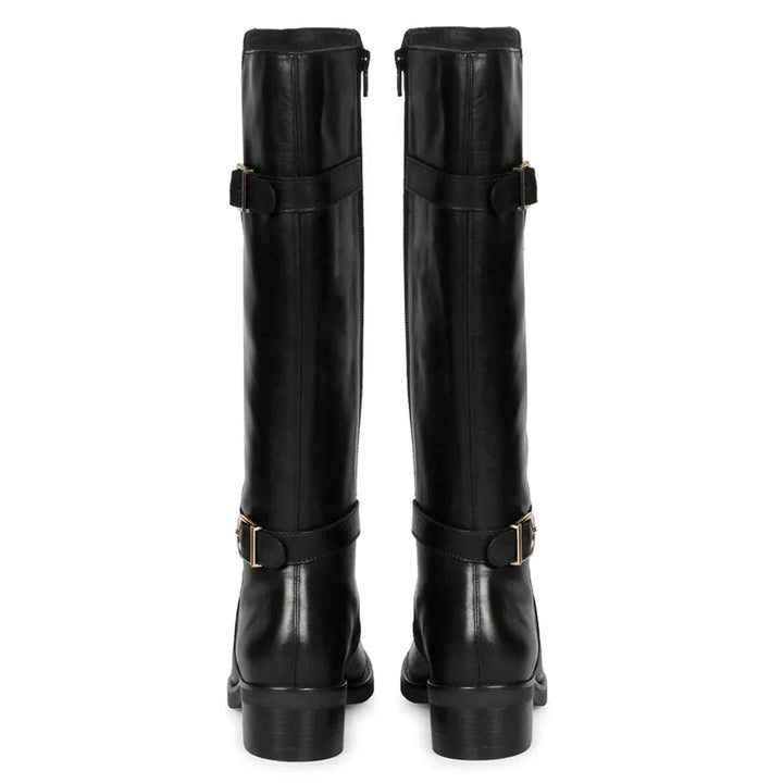 Saint Bijoy Buckle Decorative Black Leather Long Boots