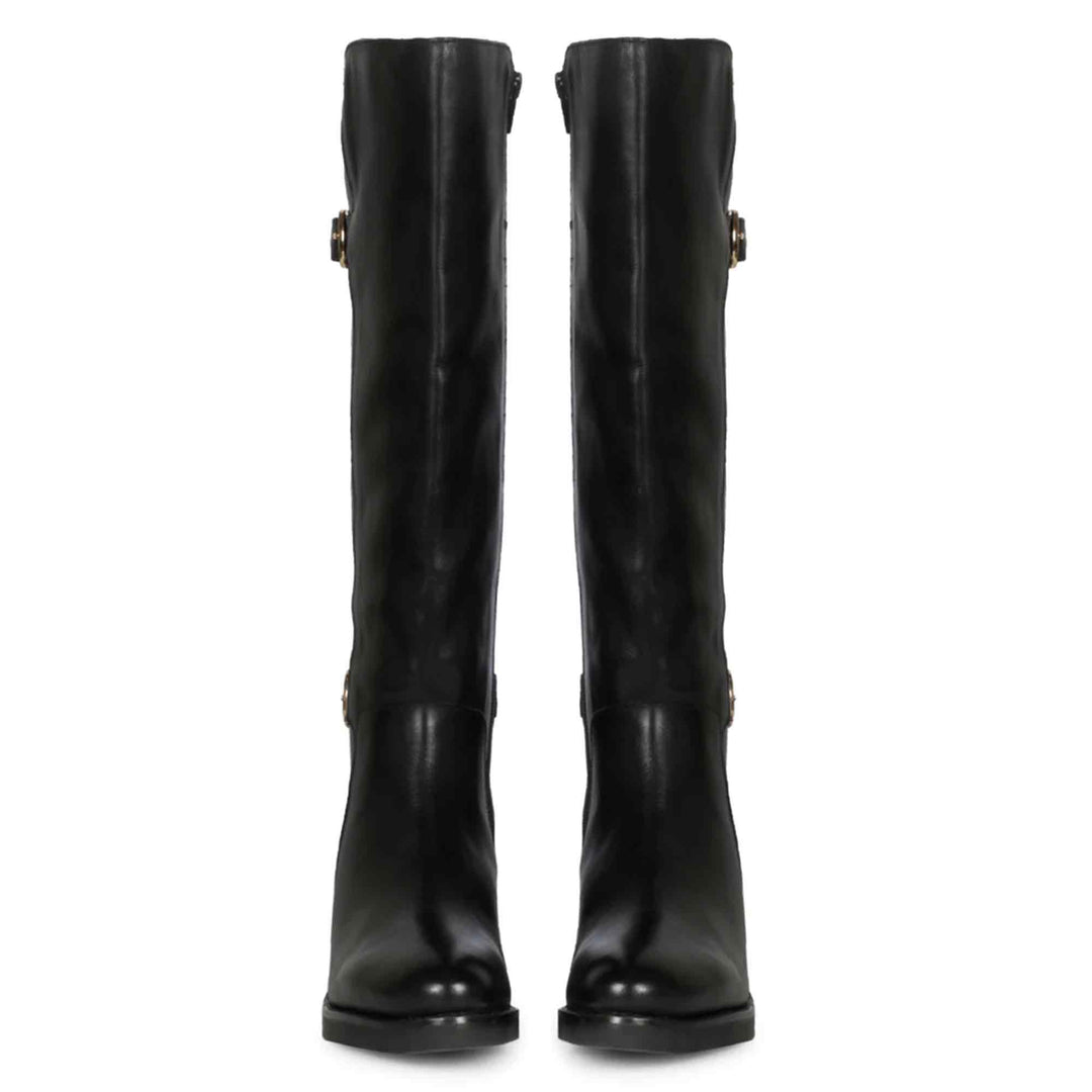 Saint Bijoy Buckle Decorative Black Leather Long Boots