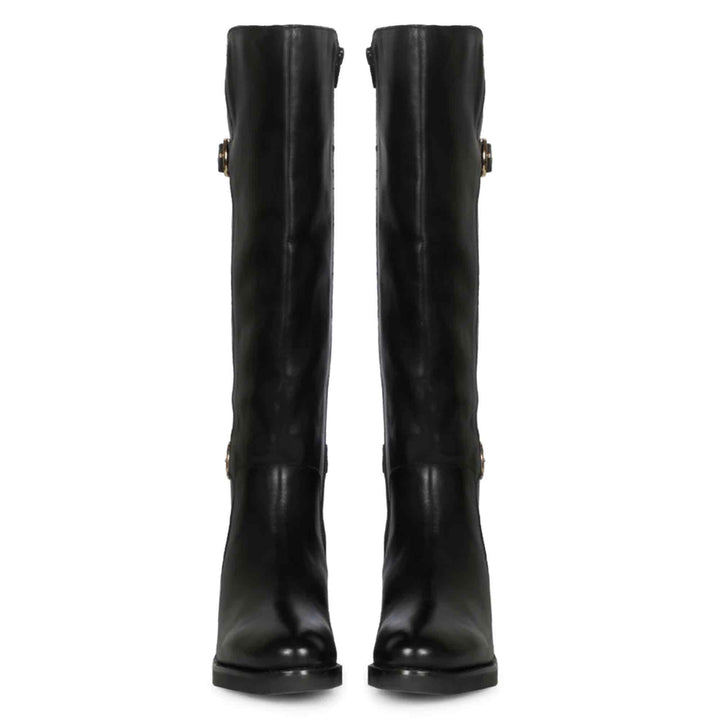 Saint Bijoy Buckle Decorative Black Leather Long Boots