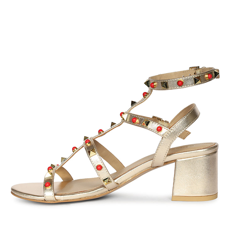 Saint Lucien Gold Leather Studded Gladiator Block Heels