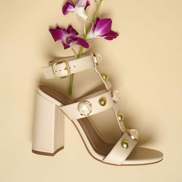 Saint Hope Studded Off white Leather Block Heels