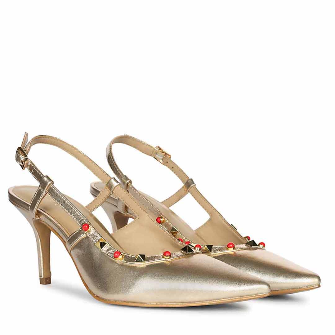 Saint Petra Studded Metallic Gold Leather Pumps