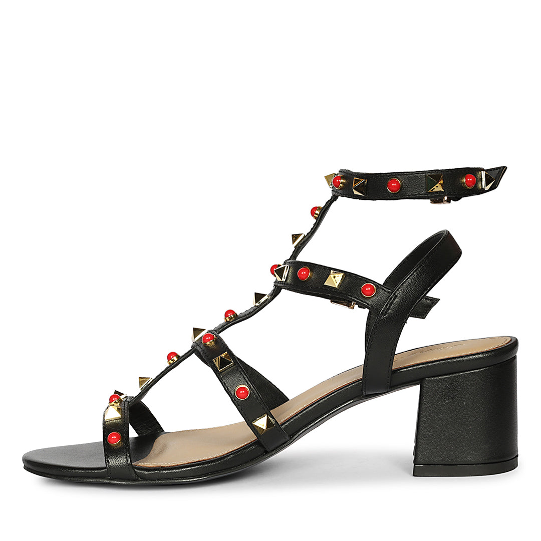 Saint Lucien Black Leather Studded Gladiator Block Heels