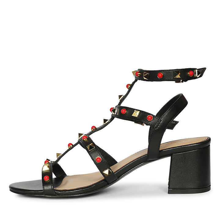 Saint Lucien Black Leather Studded Gladiator Block Heels