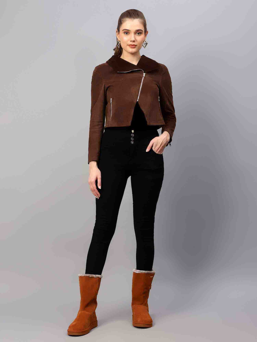 Chic Brown Leather Jacket with Spread Collar for Women