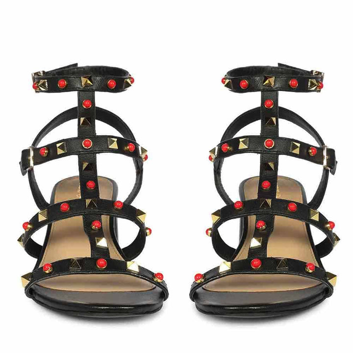 Saint Lucien Black Leather Studded Gladiator Block Heels
