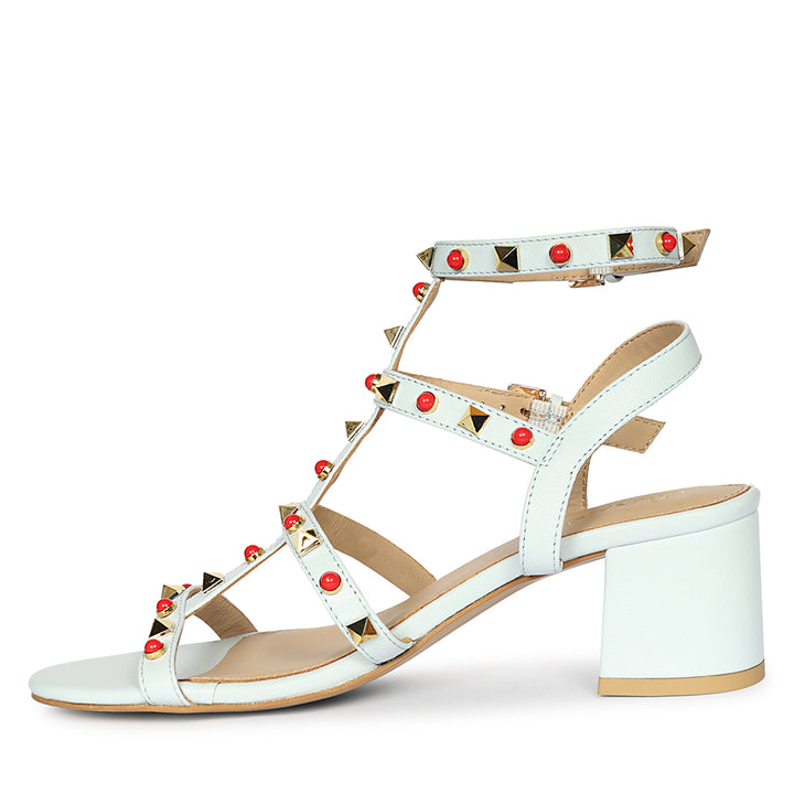 Saint Lucien Sky Blue Leather Studded Gladiator Block Heels