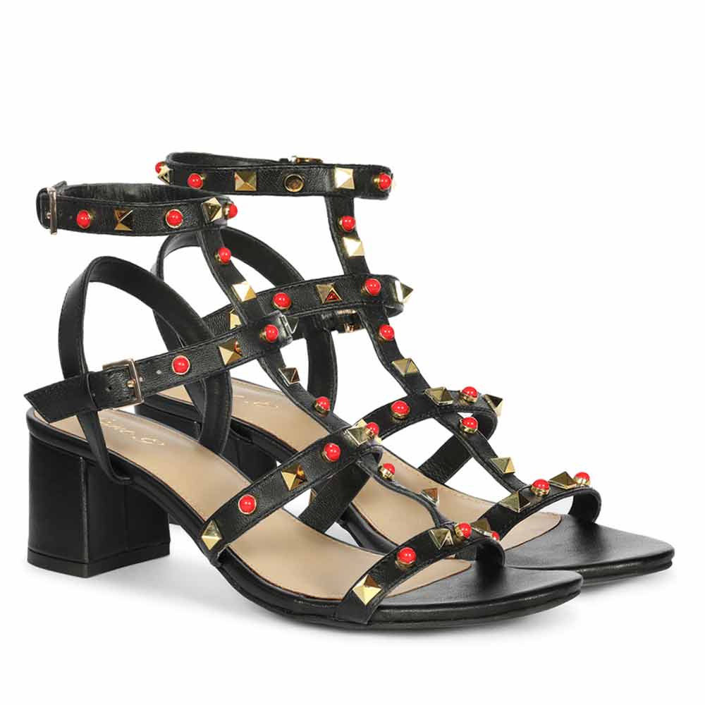Saint Lucien Black Leather Studded Gladiator Block Heels