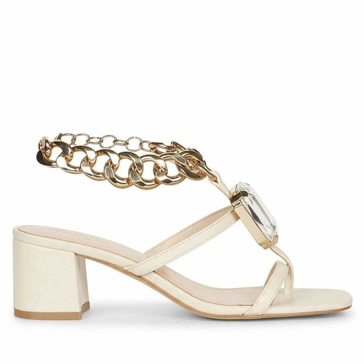 Saint Gaelle Crystal Off White Leather Chain Block Heels